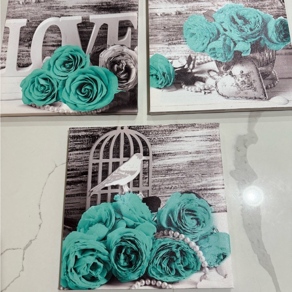 Floral Wall Art with Teal Roses